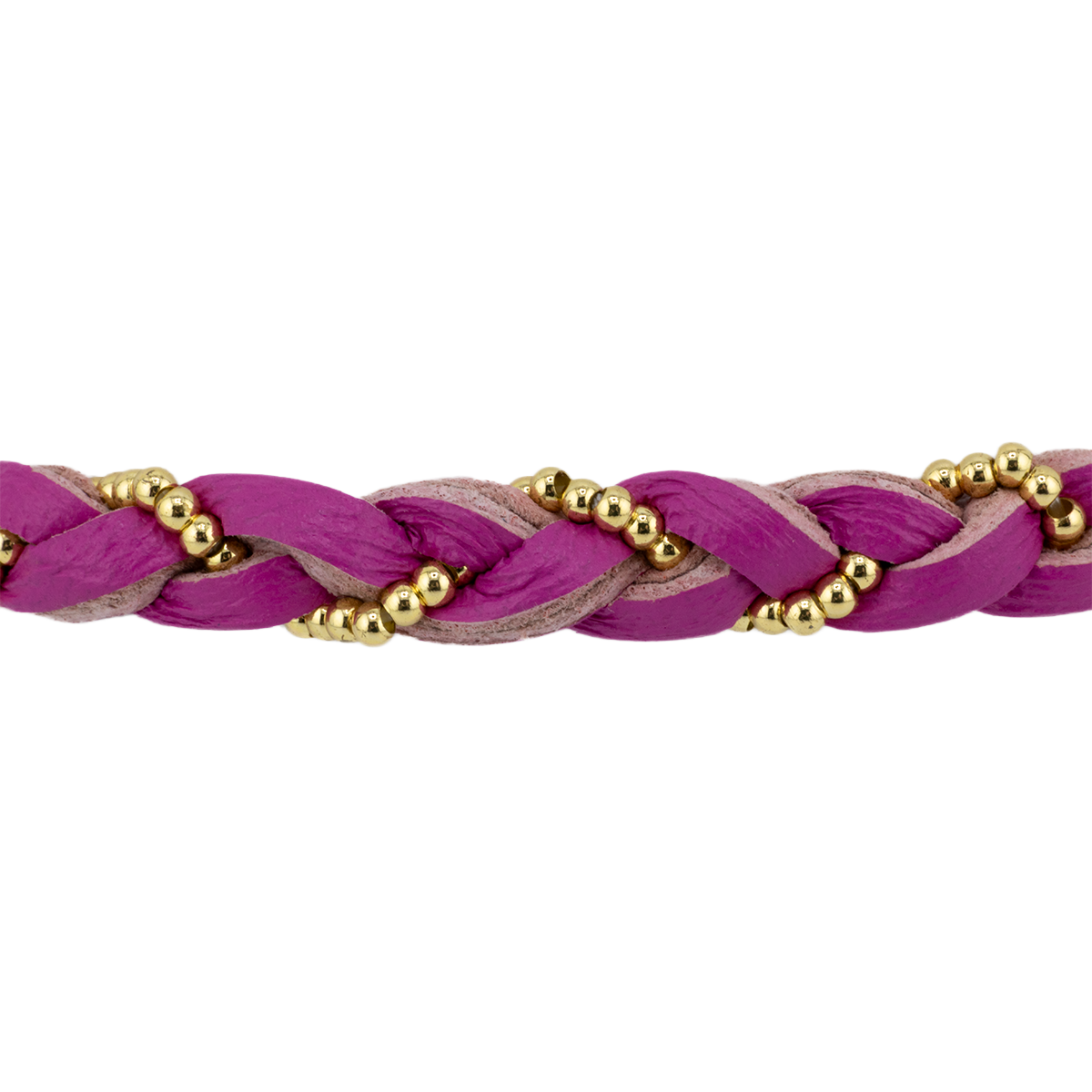 Bracelet with braided design and gold beads on a white background