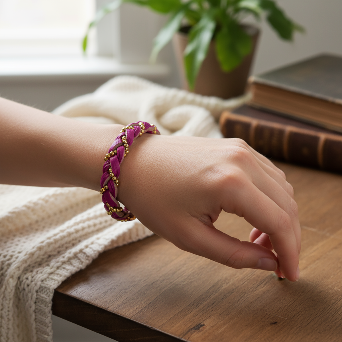 Hand wearing a braided bracelet on a wooden surface with a plant and book in the background