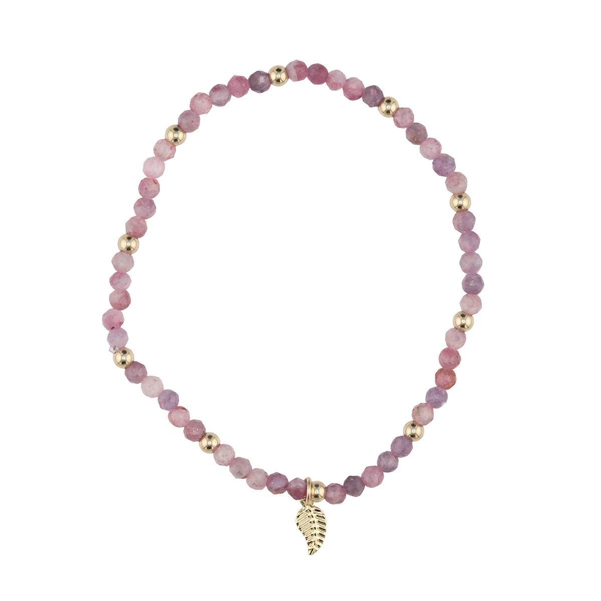 Pink beaded bracelet with gold accents on a white background