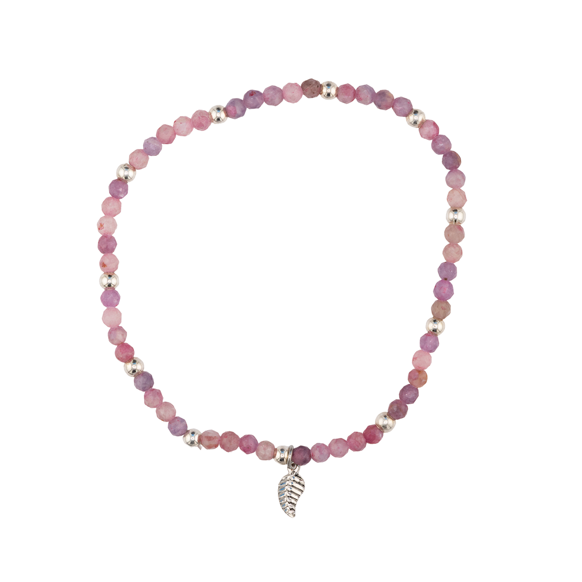 Pink beaded bracelet with a silver leaf charm on a white background
