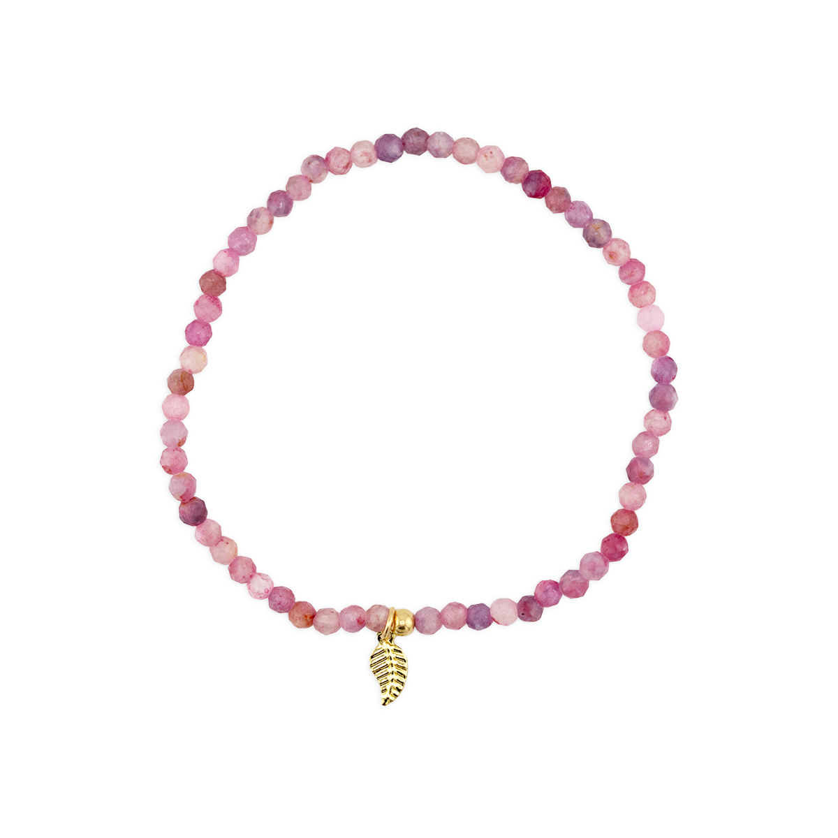 Beaded bracelet with a gold leaf charm on a white background