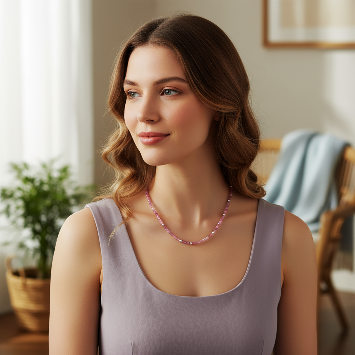 Woman wearing a pink beaded necklace in a home setting
