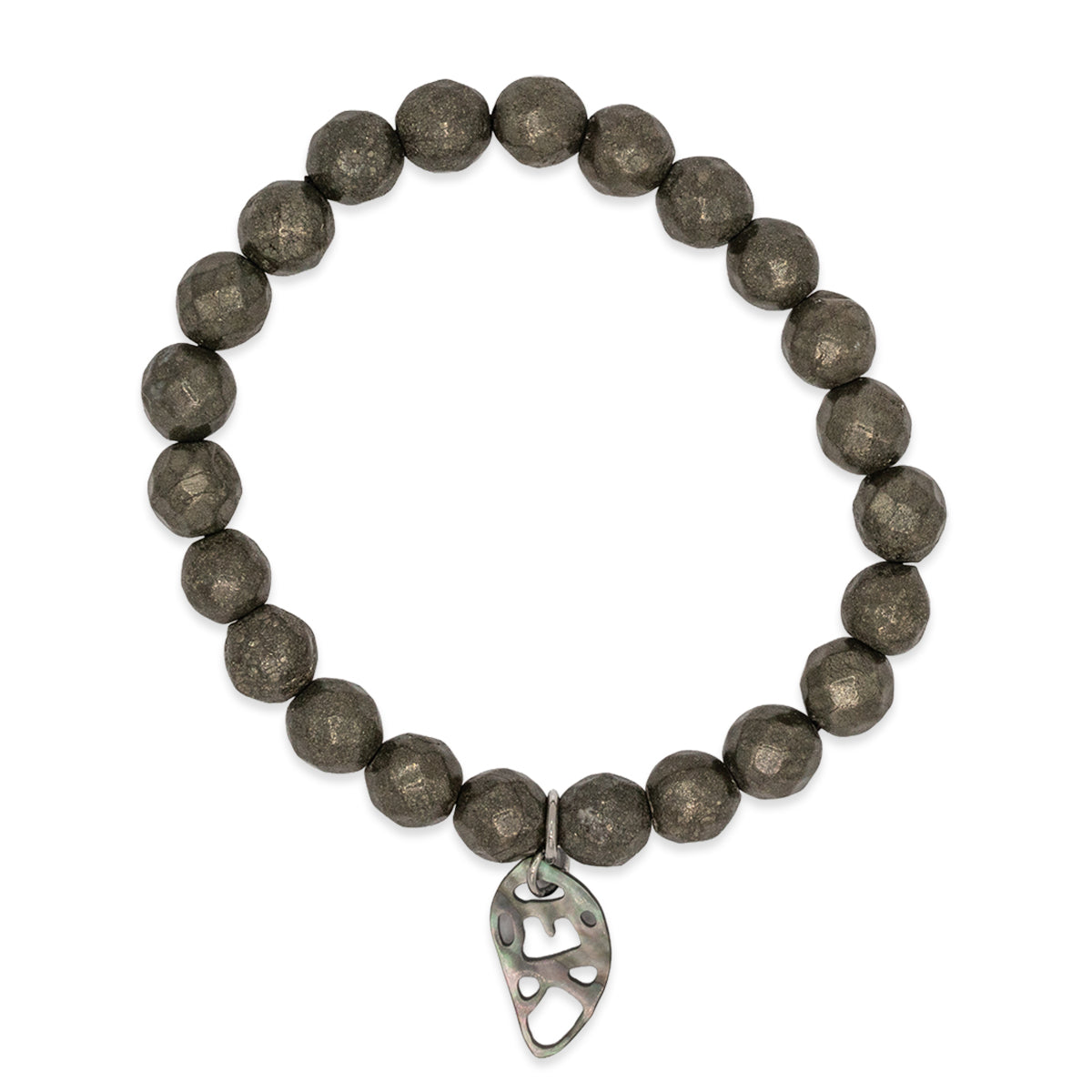 Bracelet with dark beads and a silver leaf-shaped charm on a white background