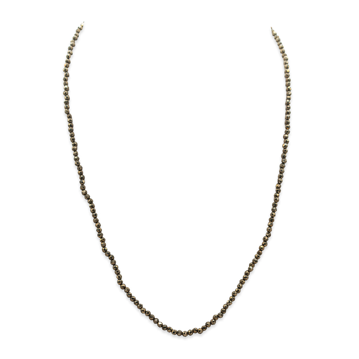 Silver beaded necklace on a white background