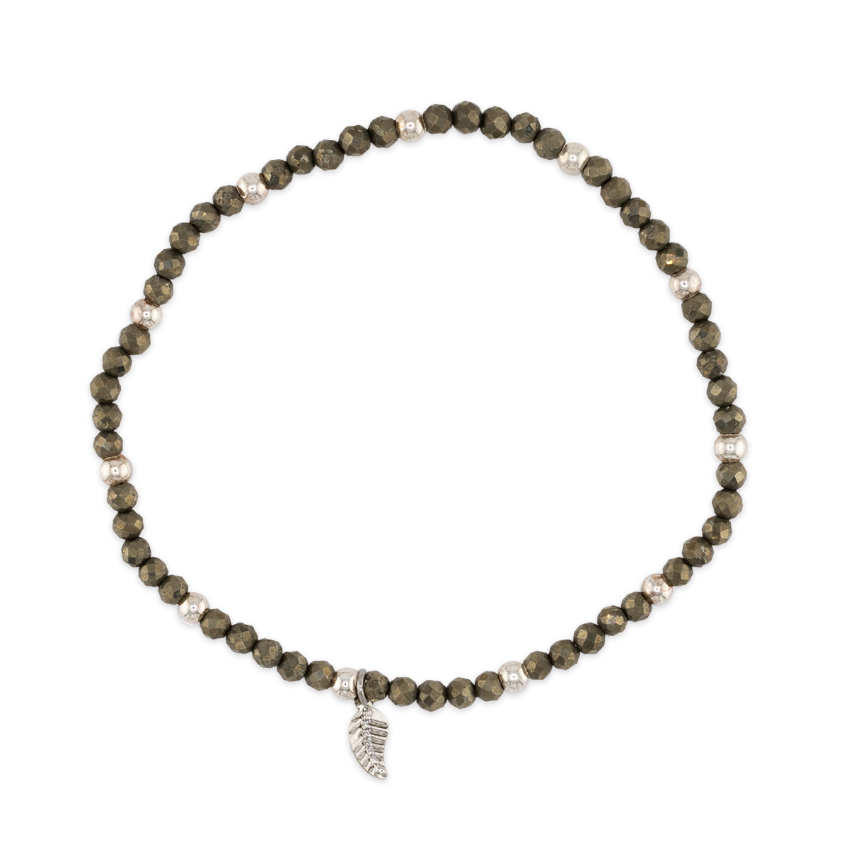 Beaded necklace with a silver charm on a white background