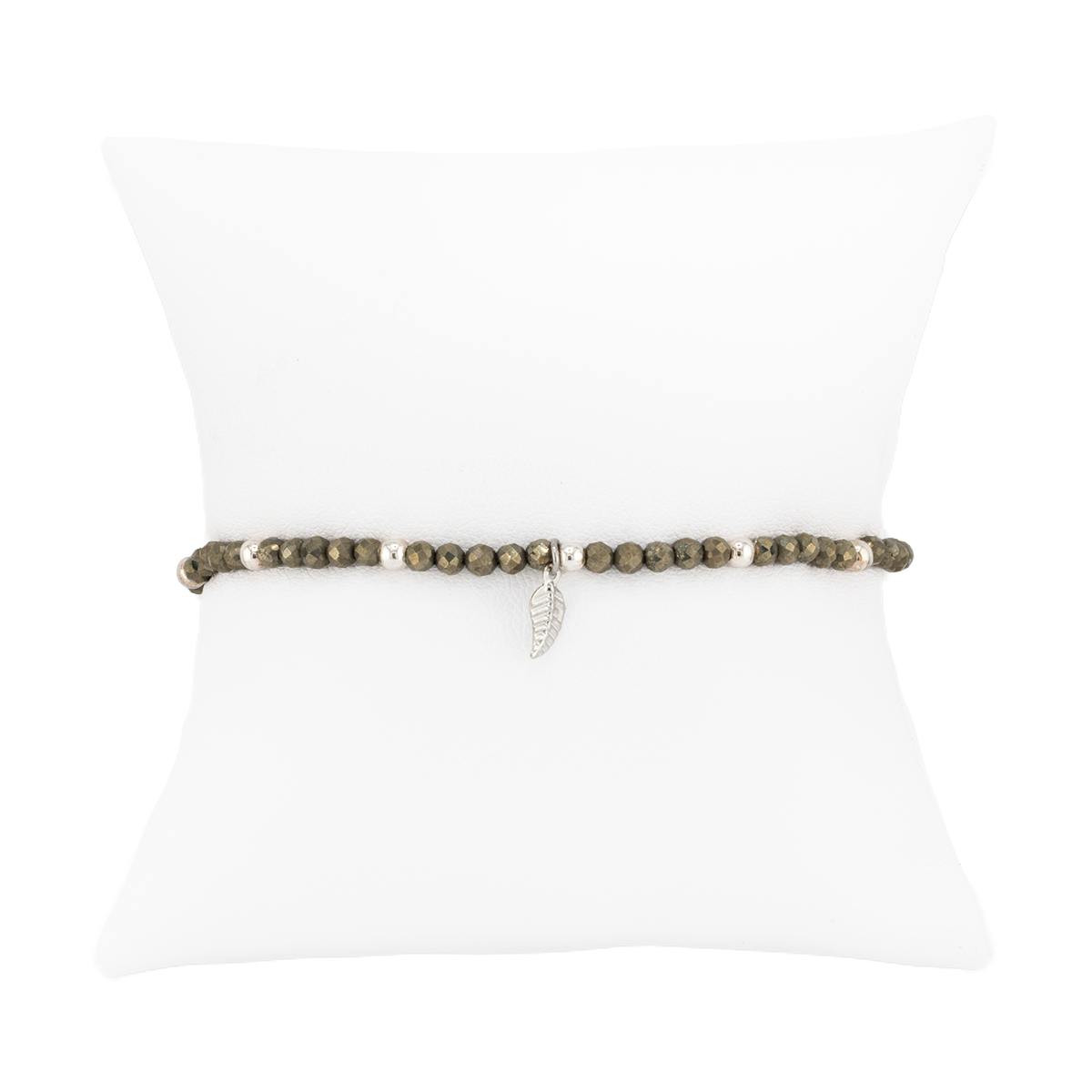 Bracelet with small stones and a feather charm on a white background