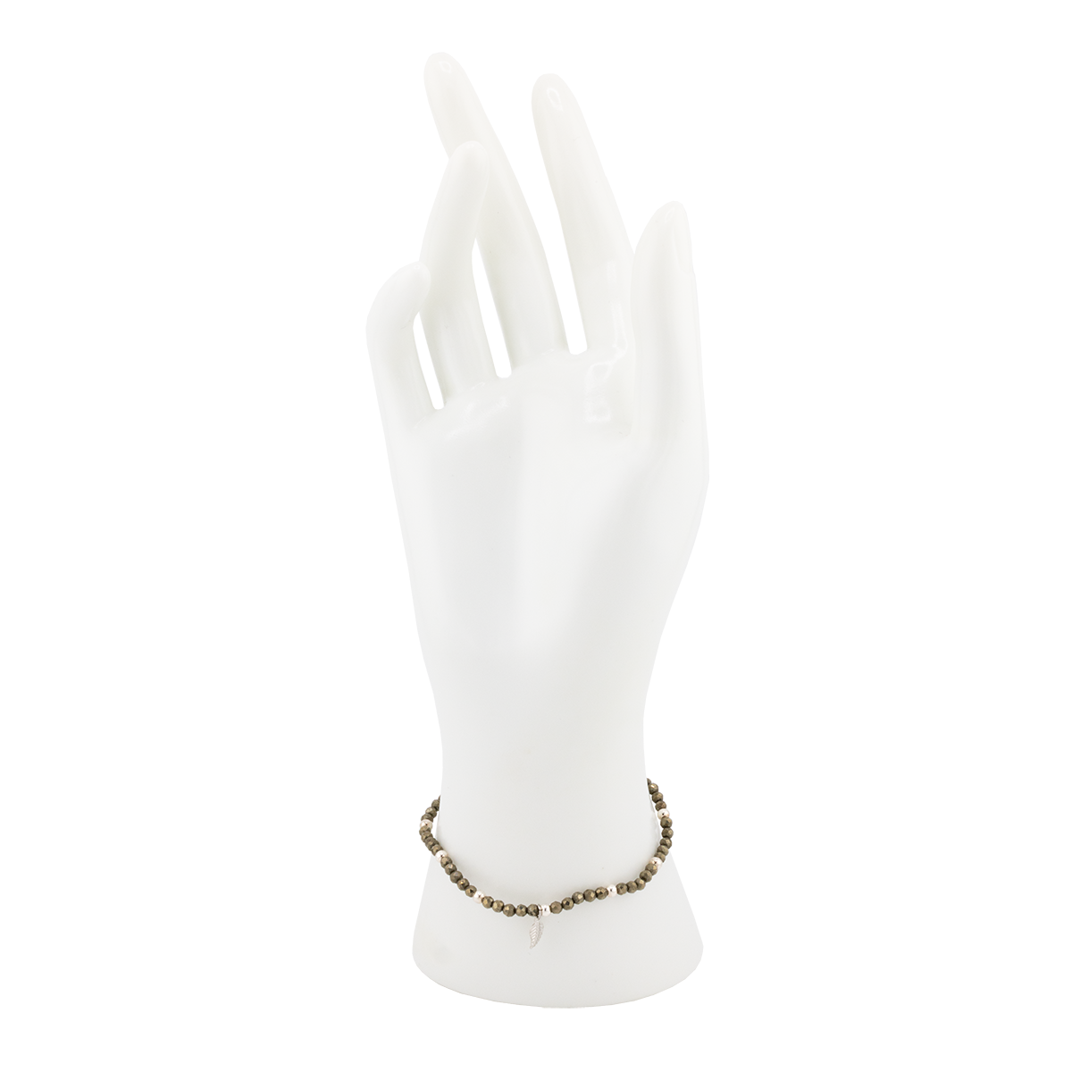 Bracelet on a white mannequin hand with a white background