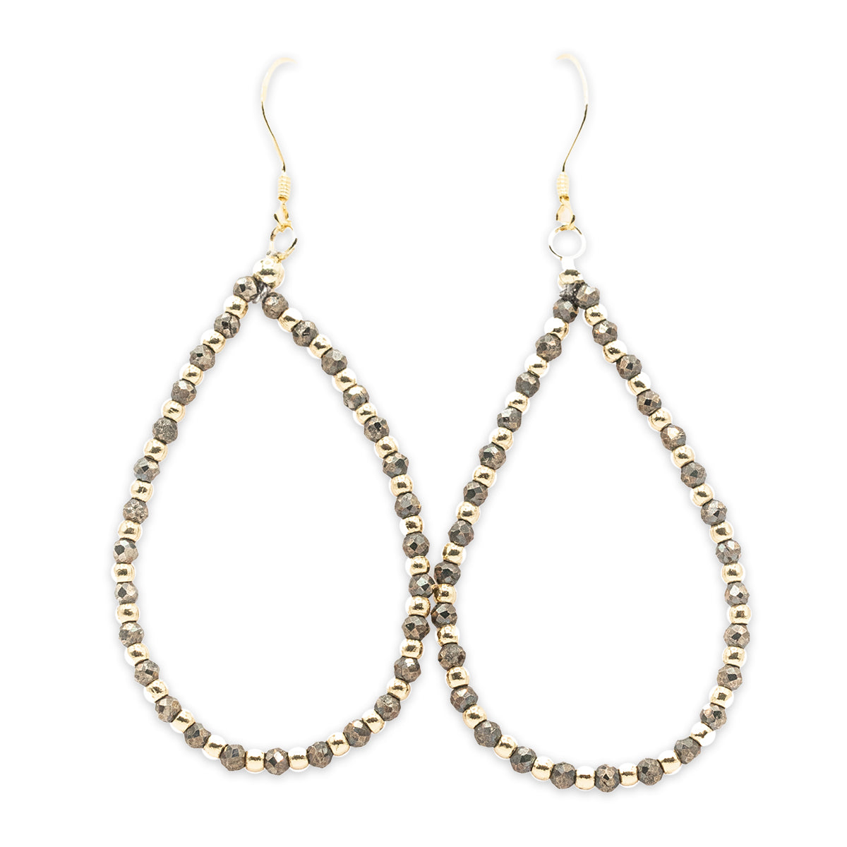 Pair of beaded earrings with gold and gray beads on a white background