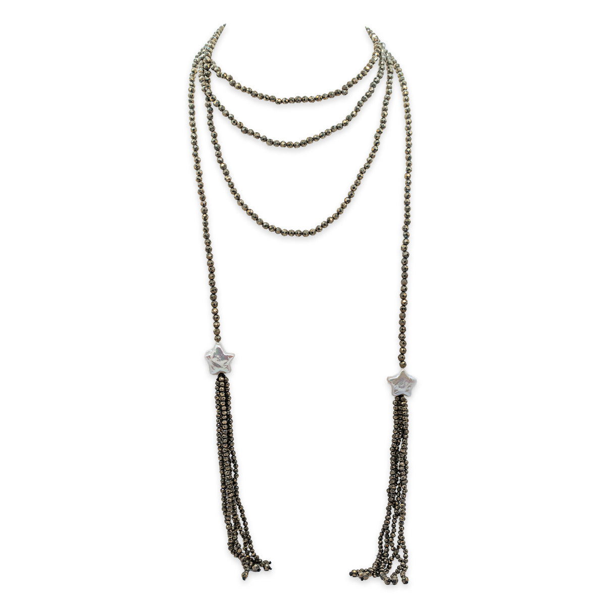 Long beaded necklace with tassels on a white background