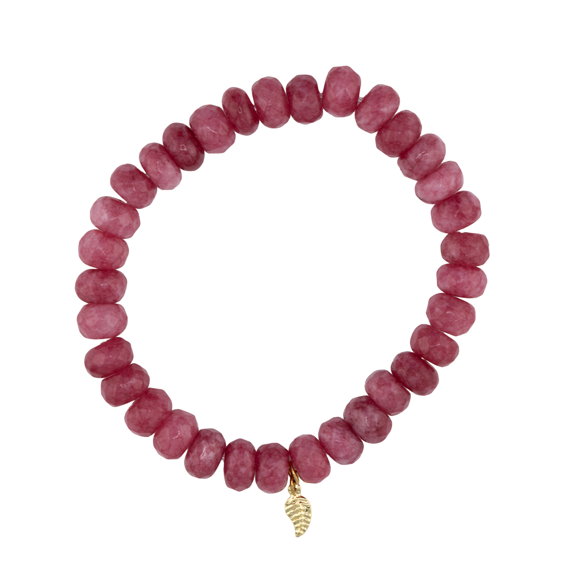 Pink beaded bracelet with a gold charm on a white background