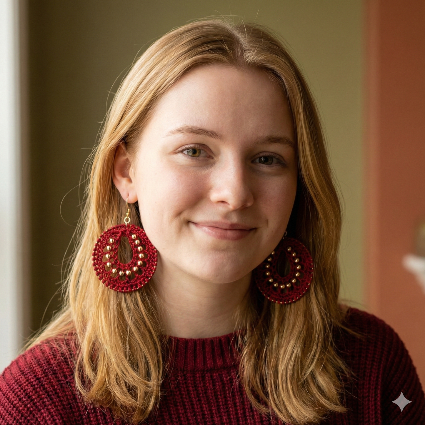 Woman wearing red earrings and a red sweater against a neutral background