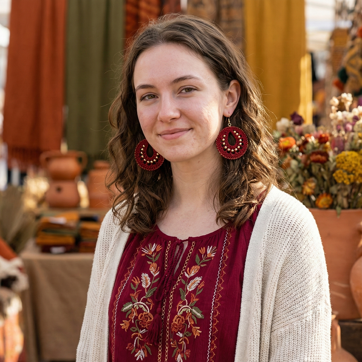 Woman wearing a red embroidered top and beige cardigan with floral earrings, standing in a market setting.