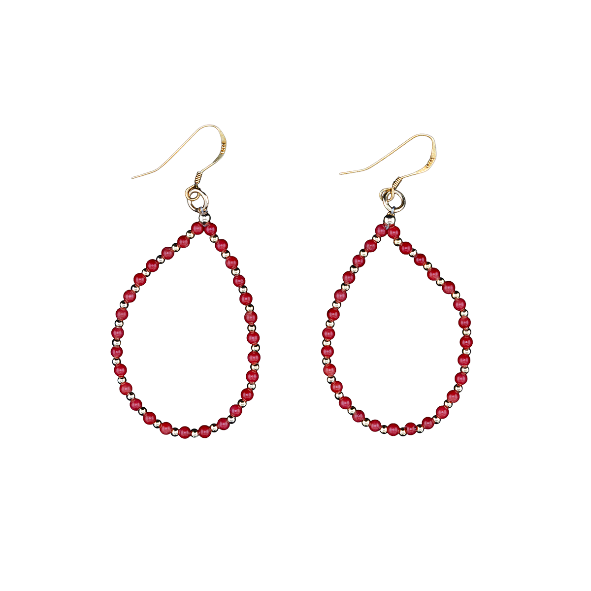 Pair of red beaded earrings on a white background