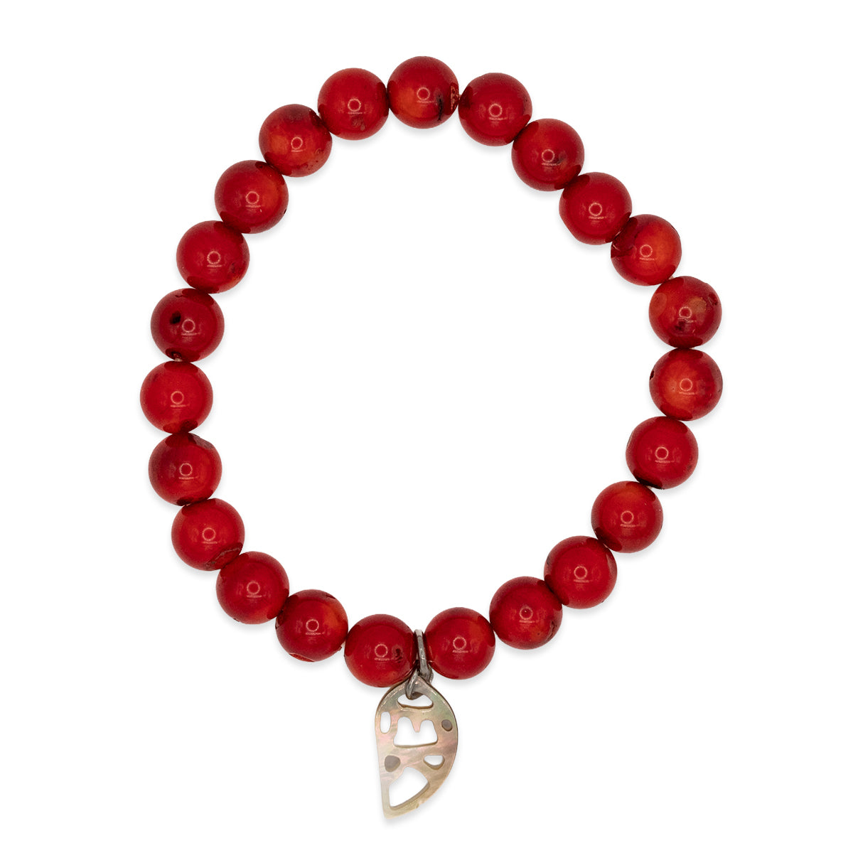 Red beaded bracelet with a silver charm on a white background