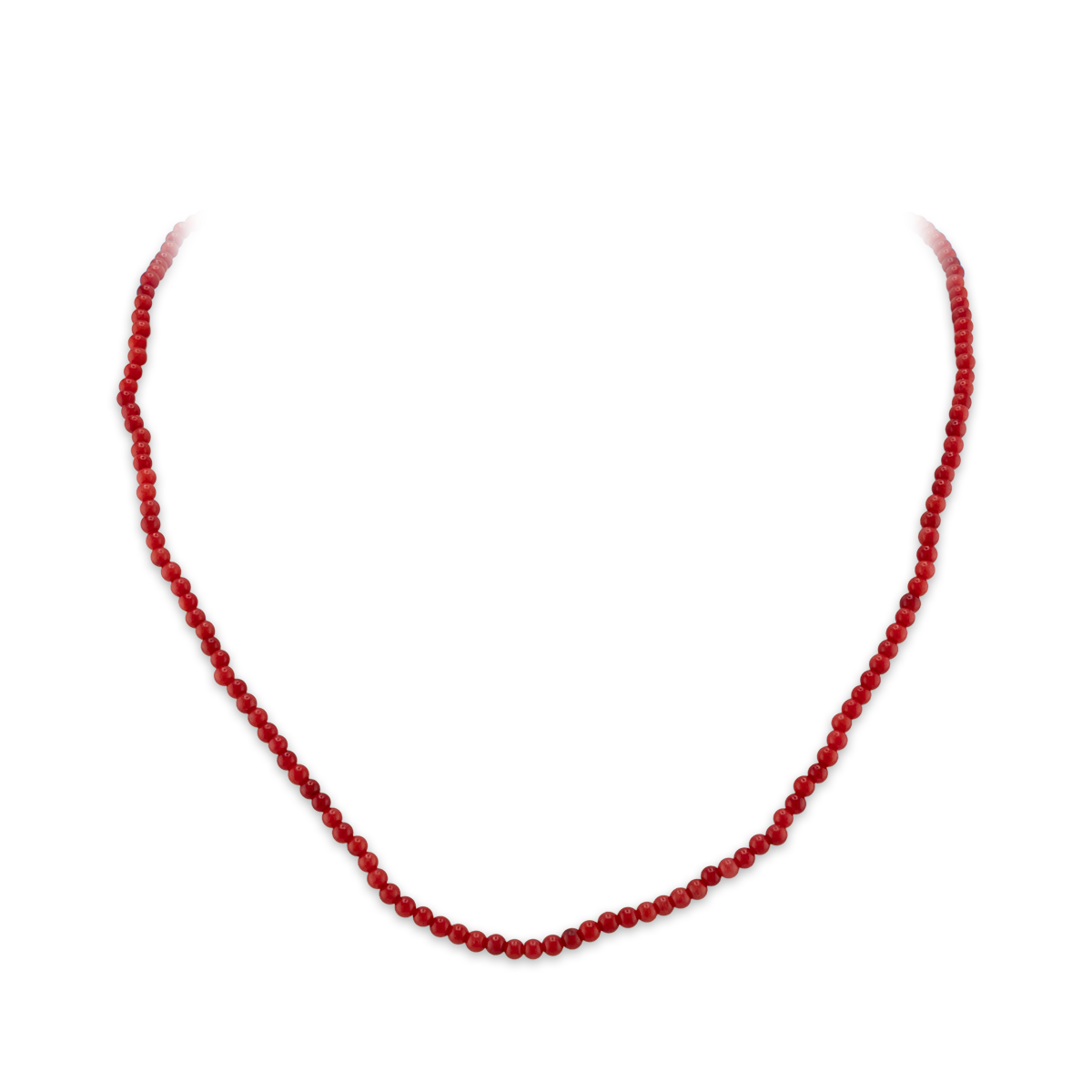 Red beaded necklace on a white background
