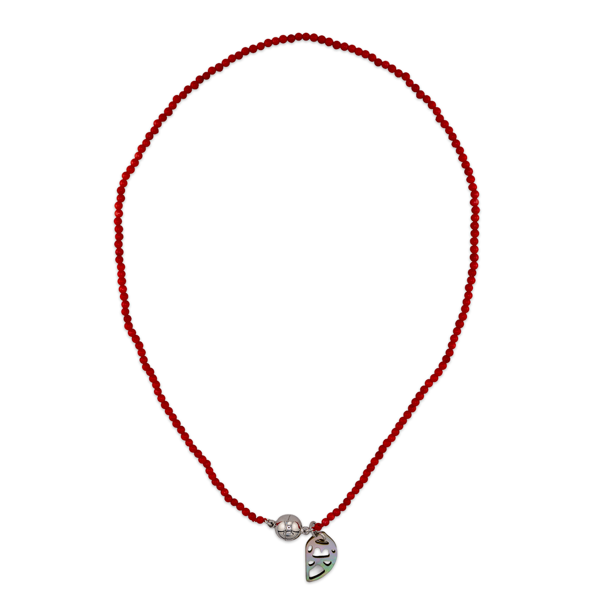 Red beaded necklace with a silver and green pendant on a white background