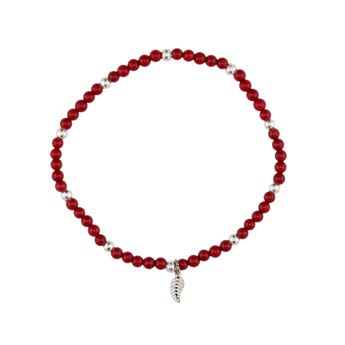 Red beaded bracelet with a silver leaf charm on a white background