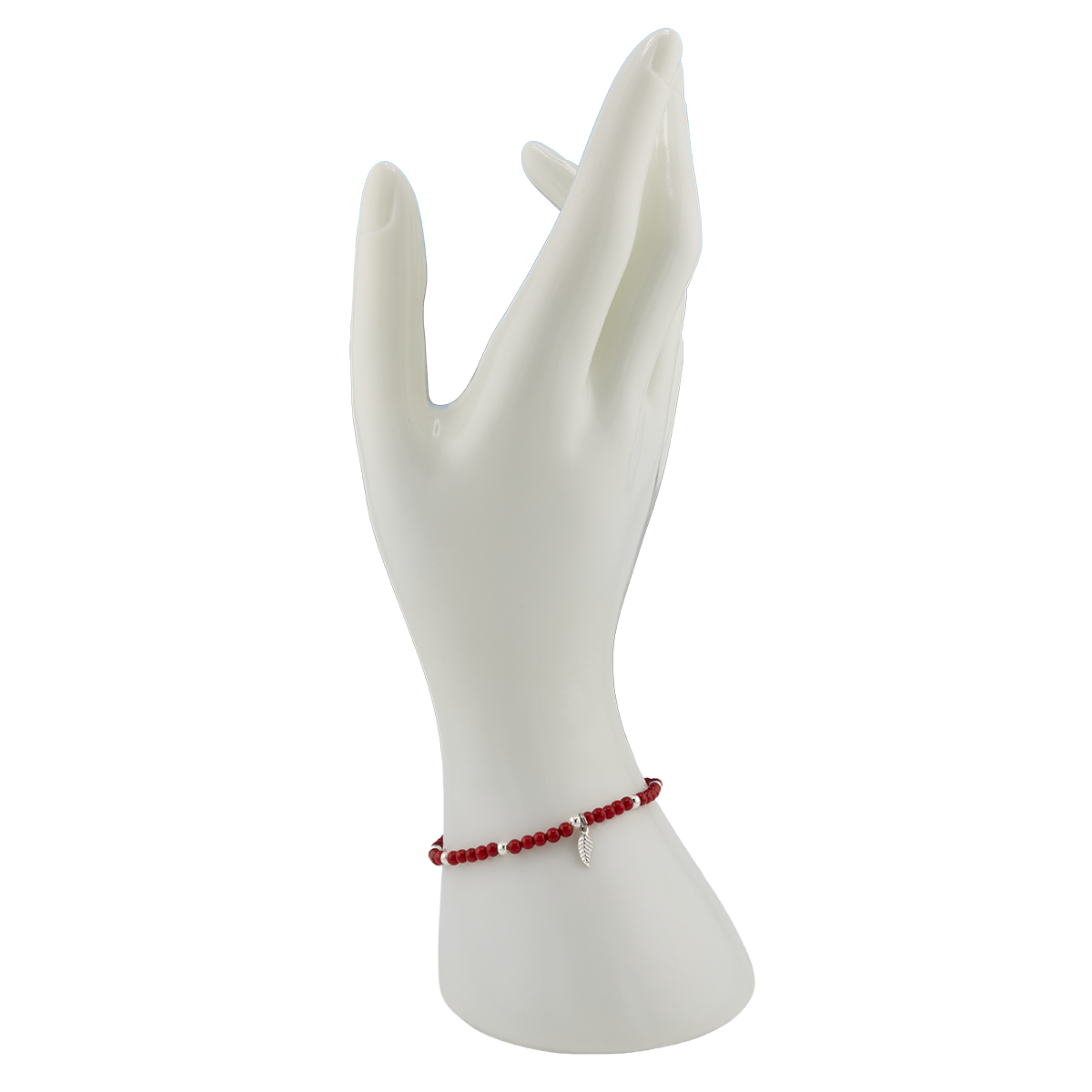 Red beaded bracelet on a white mannequin hand against a white background