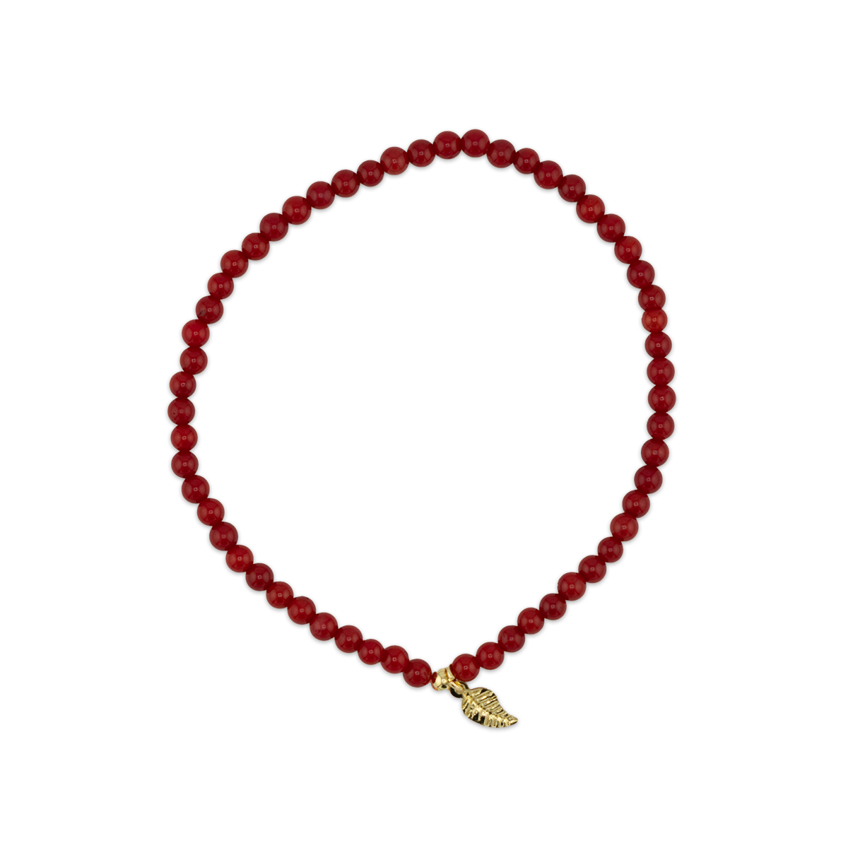 Red beaded necklace with a gold charm on a white background