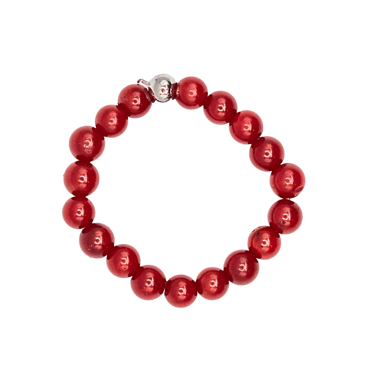 Red beaded ring with a silver clasp on a white background