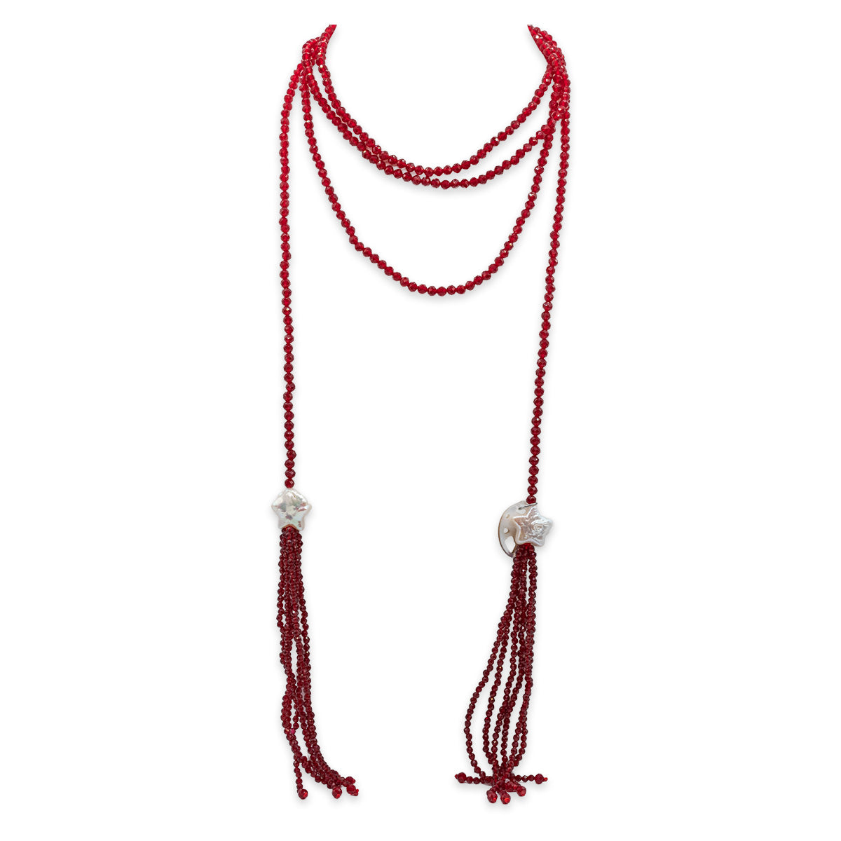 Red beaded necklace with tassels on a white background