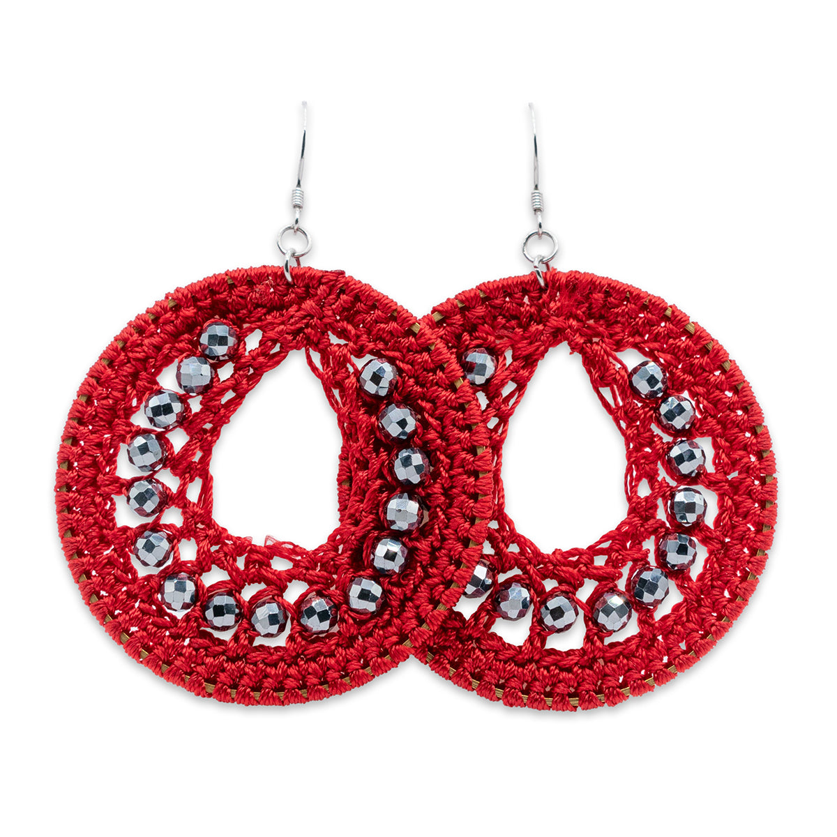 Red crochet earrings with silver beads on a white background