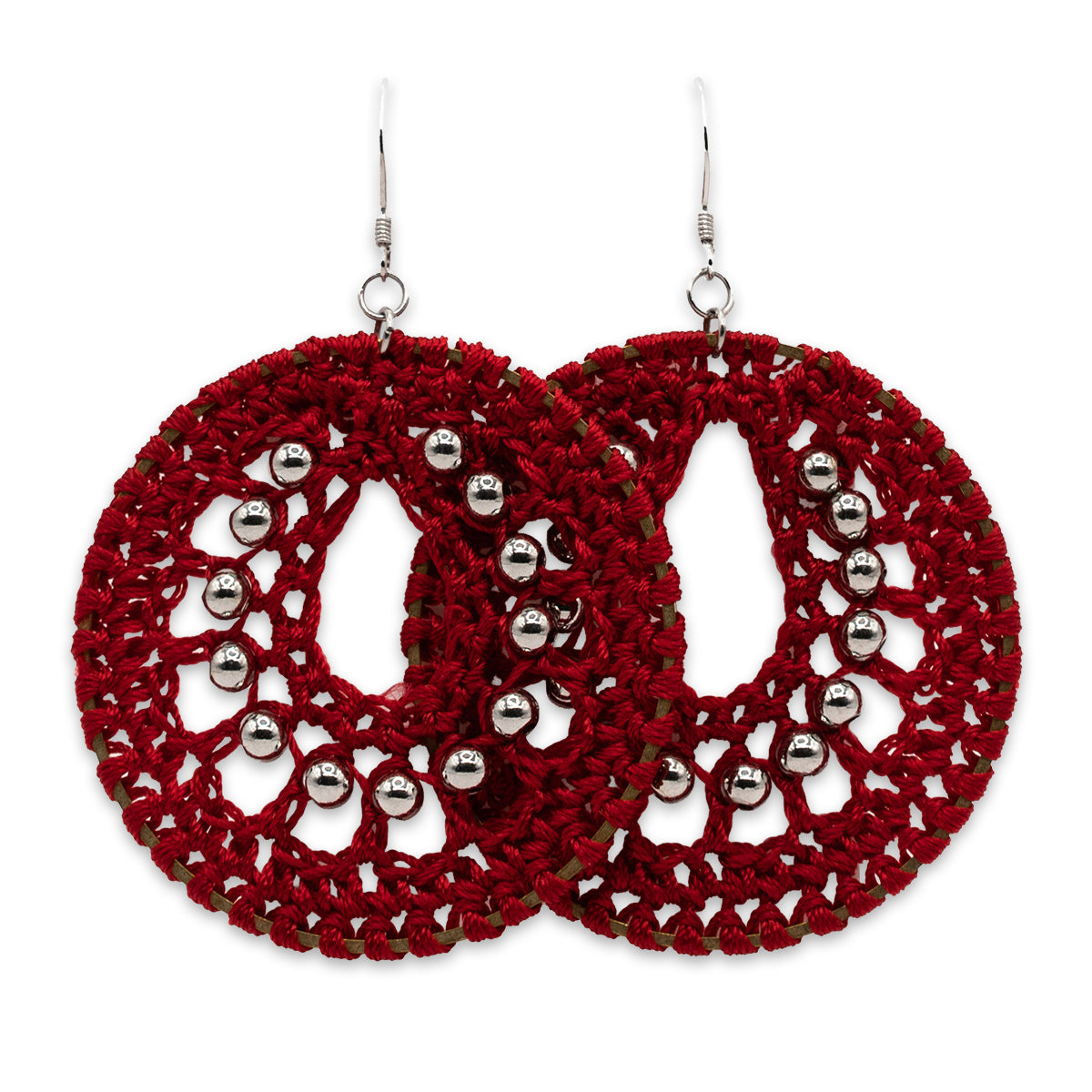Red crochet earrings with silver beads on a white background