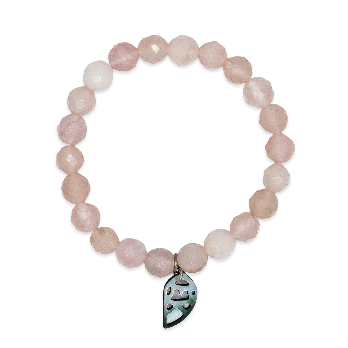 Beaded bracelet with a leaf-shaped charm on a white background