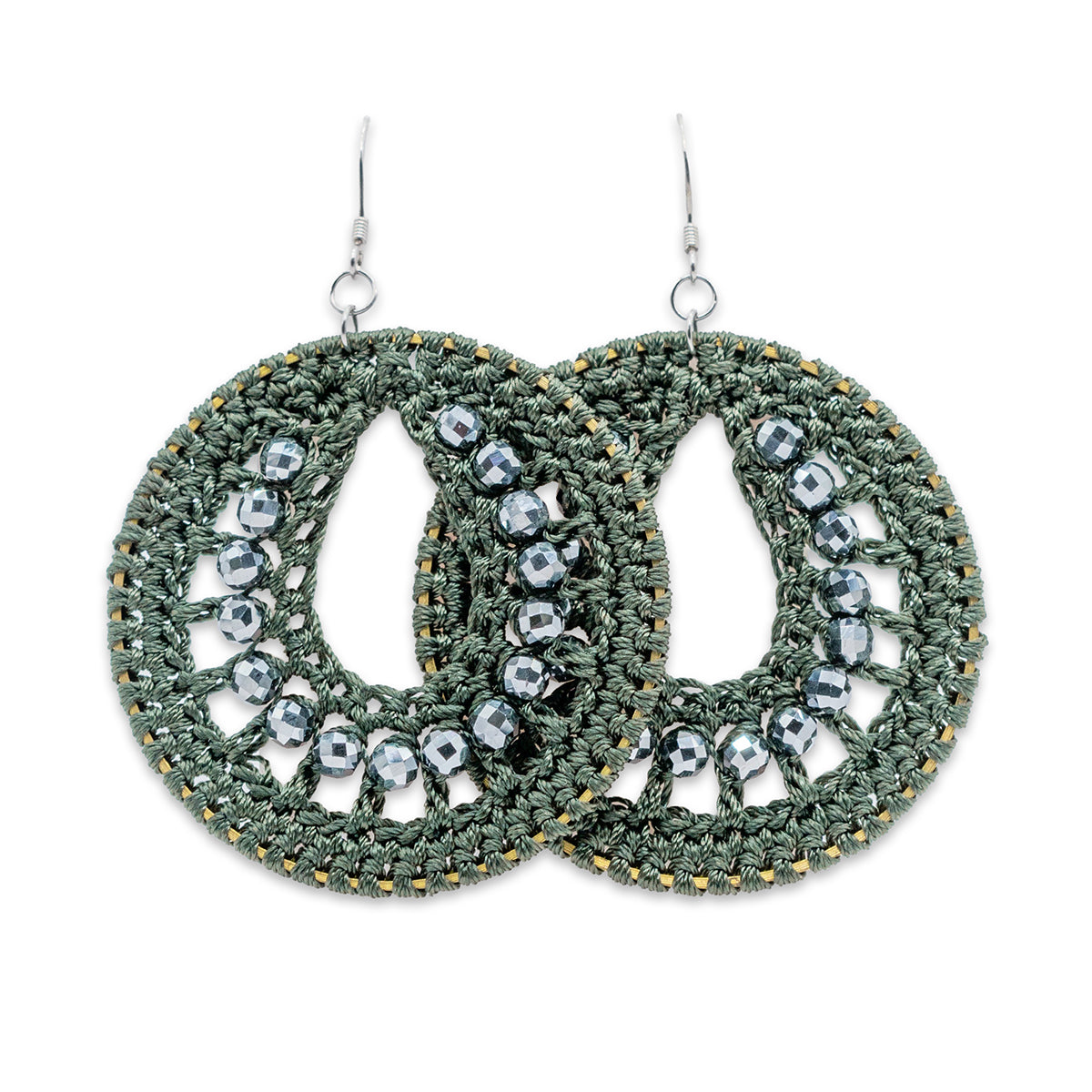 Crocheted earrings with bead embellishments on a white background