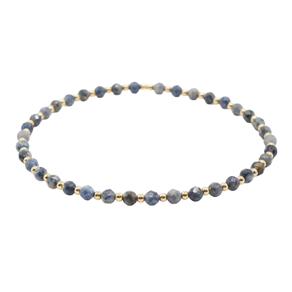 Necklace with blue beads and gold accents on a white background