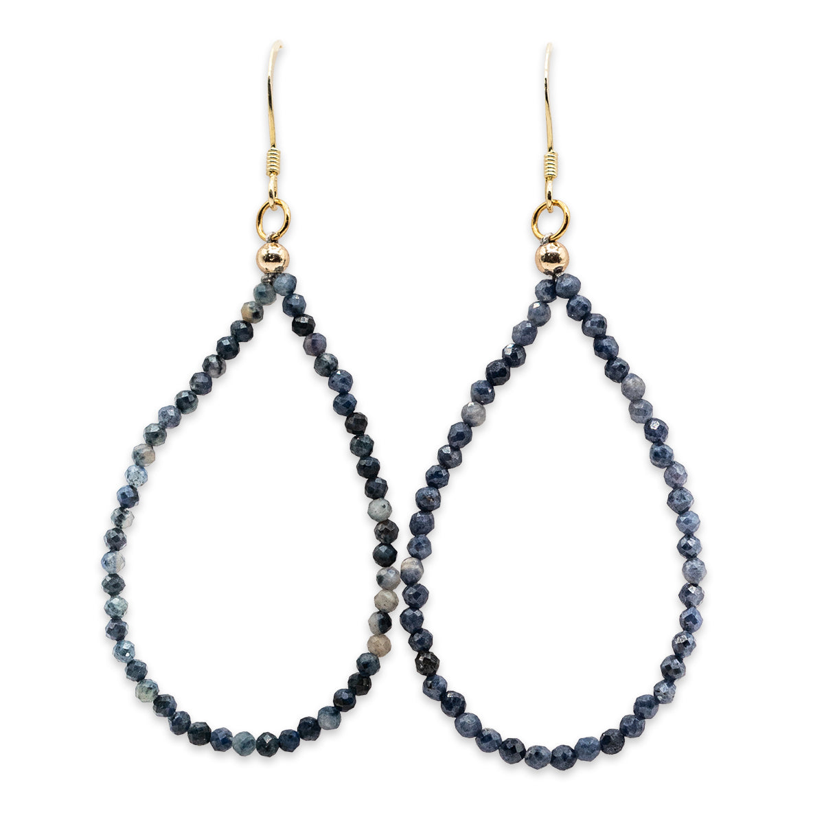 Pair of blue beaded earrings on a white background