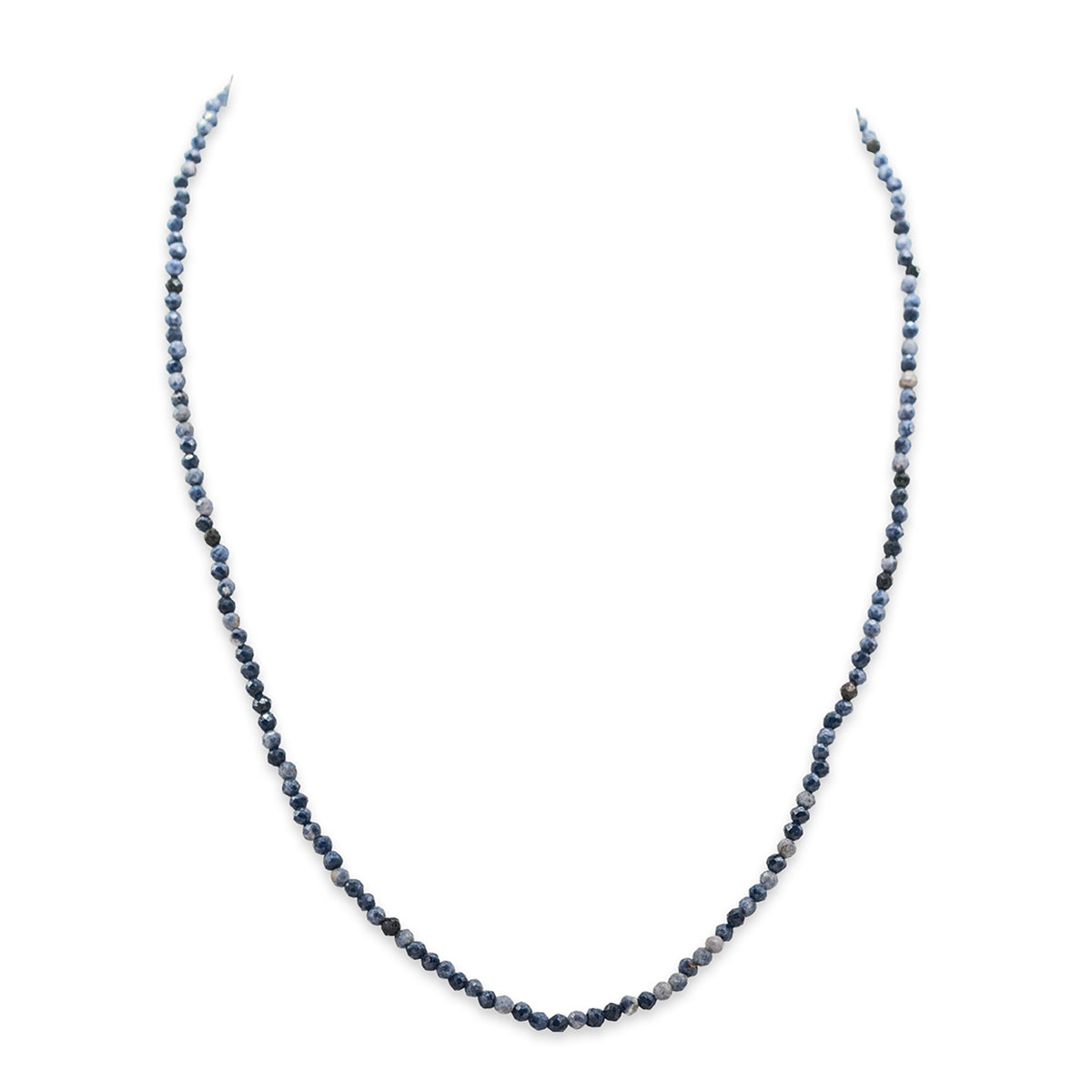 Necklace with small blue beads on a white background