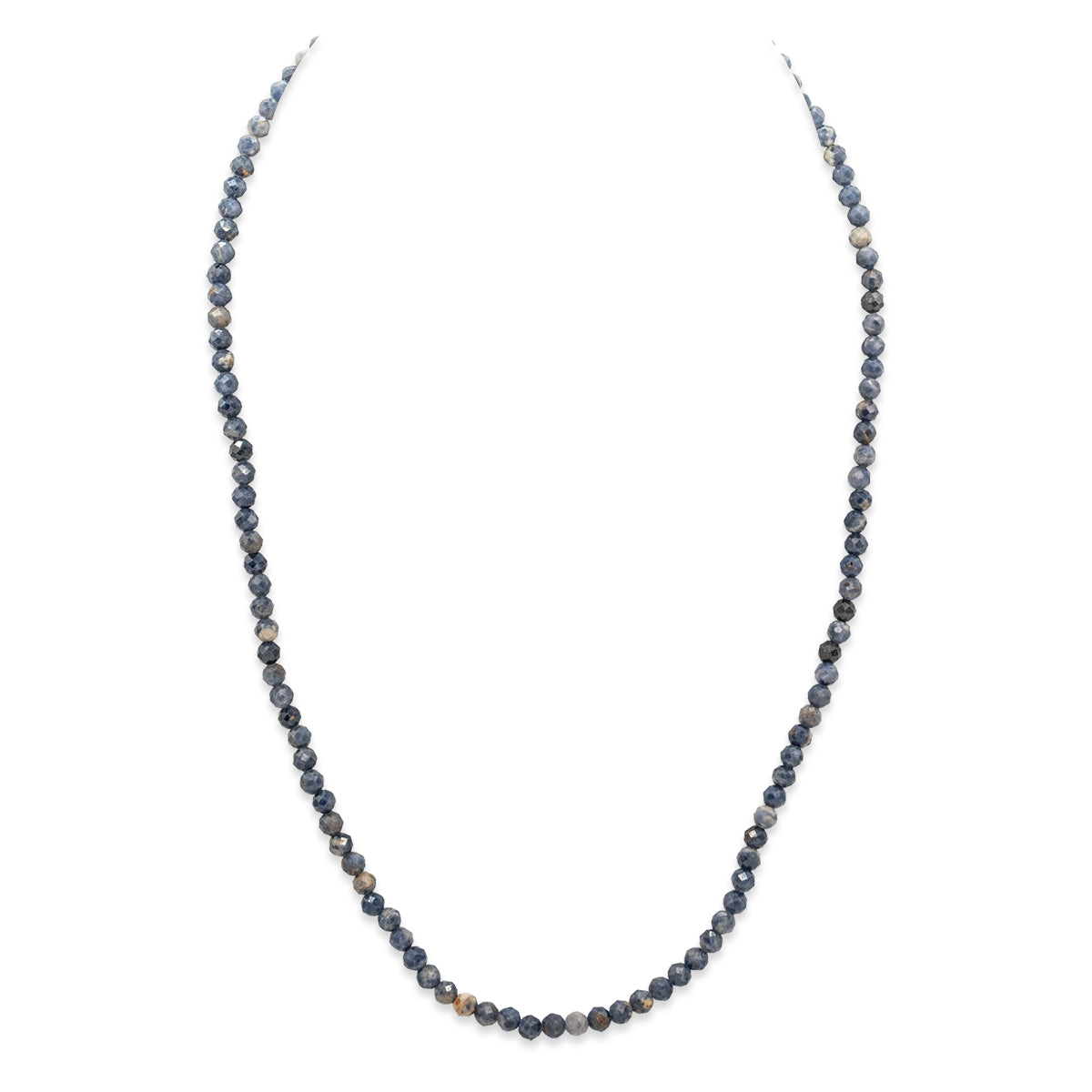 Beaded necklace with blue and brown beads on a white background