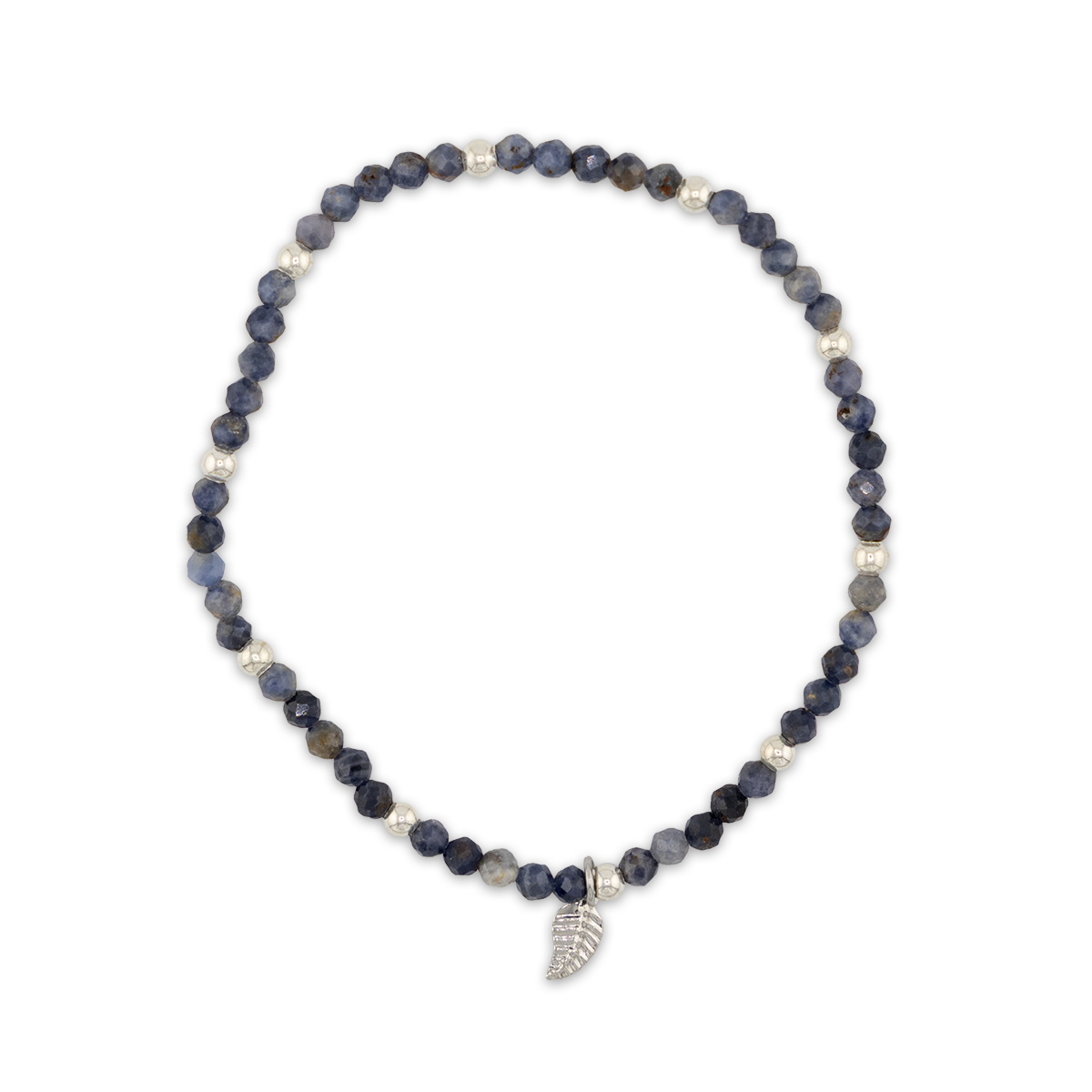 Necklace with blue beads and a silver leaf charm on a white background