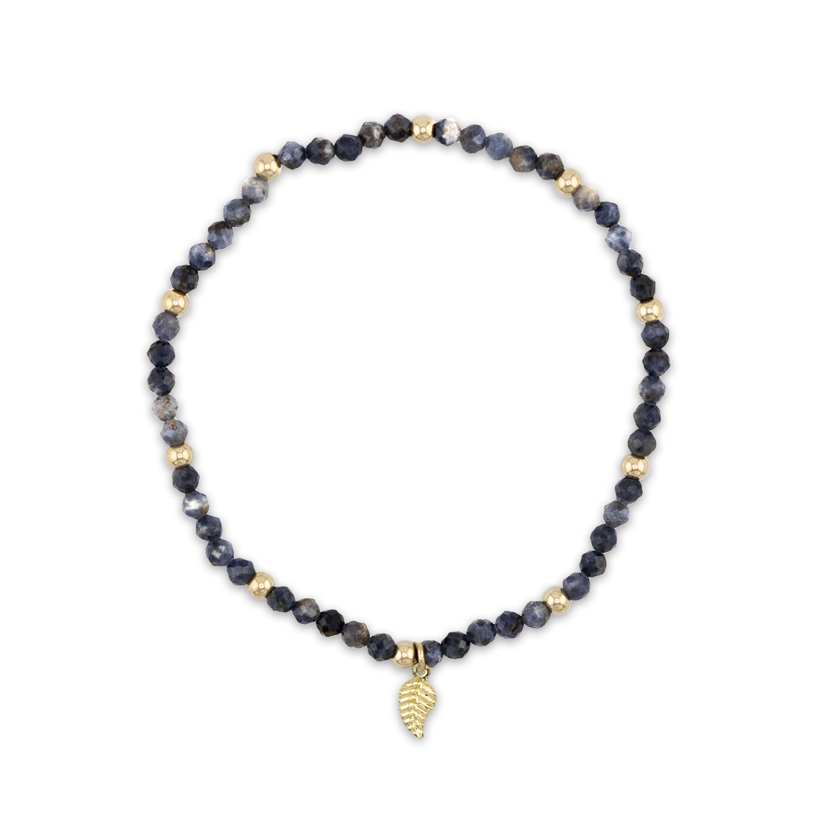 bracelet with black beads and a gold leaf charm on a white background