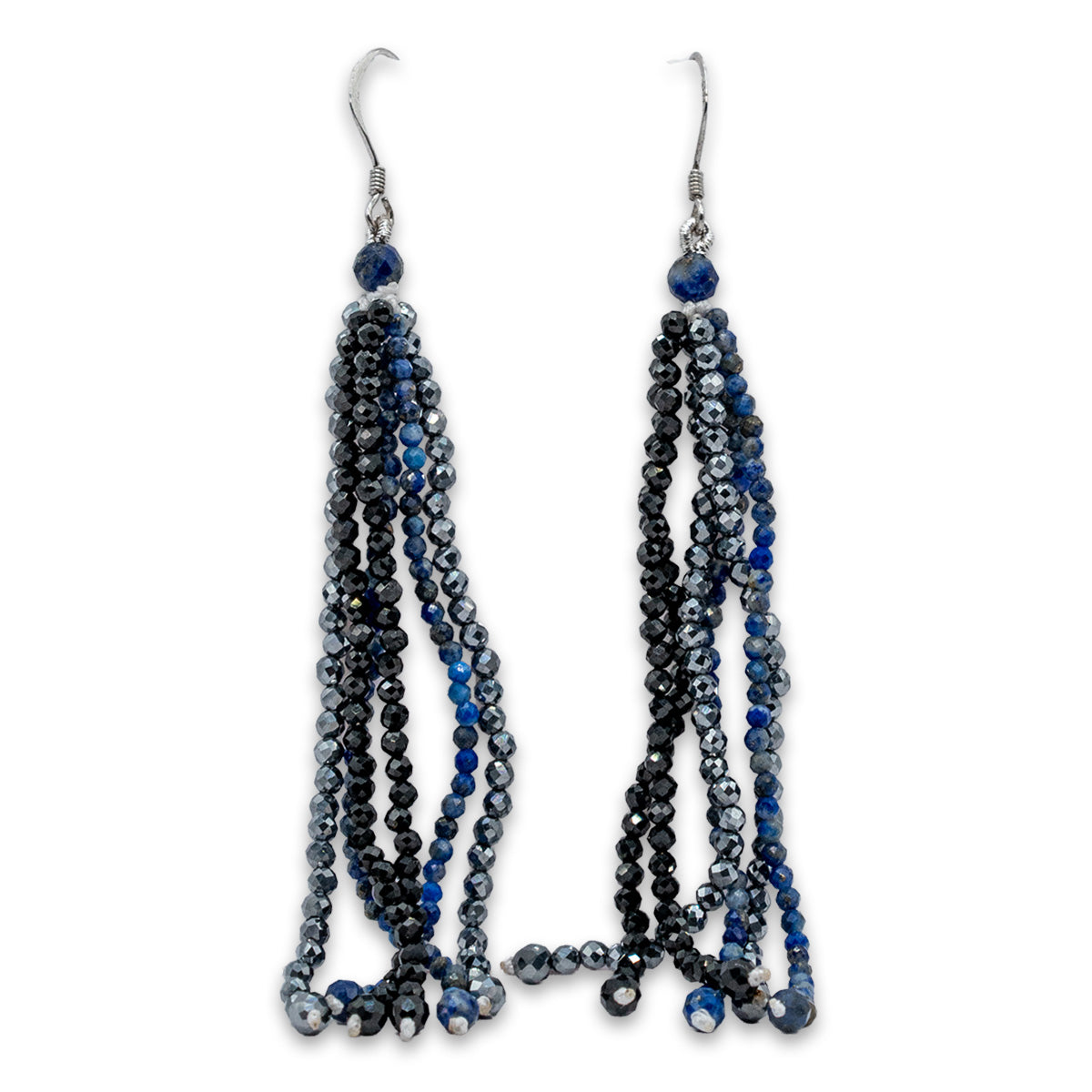 Beaded earrings with blue and gray beads on a white background