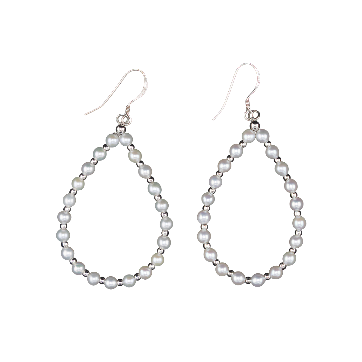 Pair of pearl hoop earrings on a white background