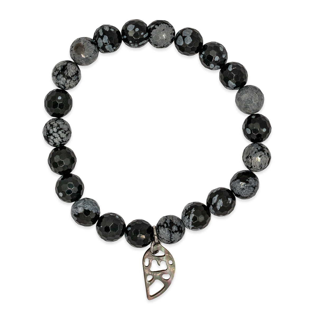 Black beaded bracelet with a silver leaf charm on a white background