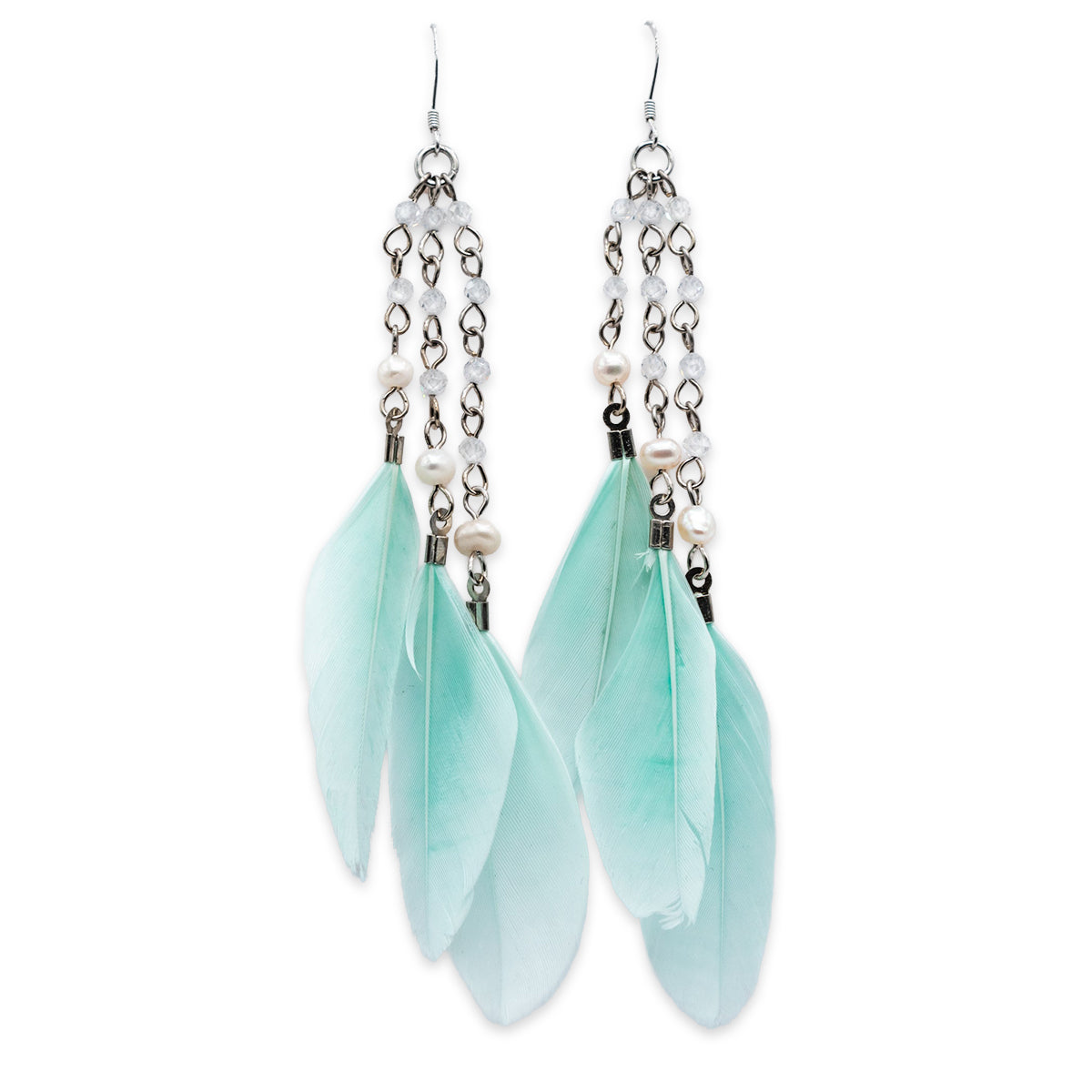 Mint green feather earrings with pearl-like beads on a white background