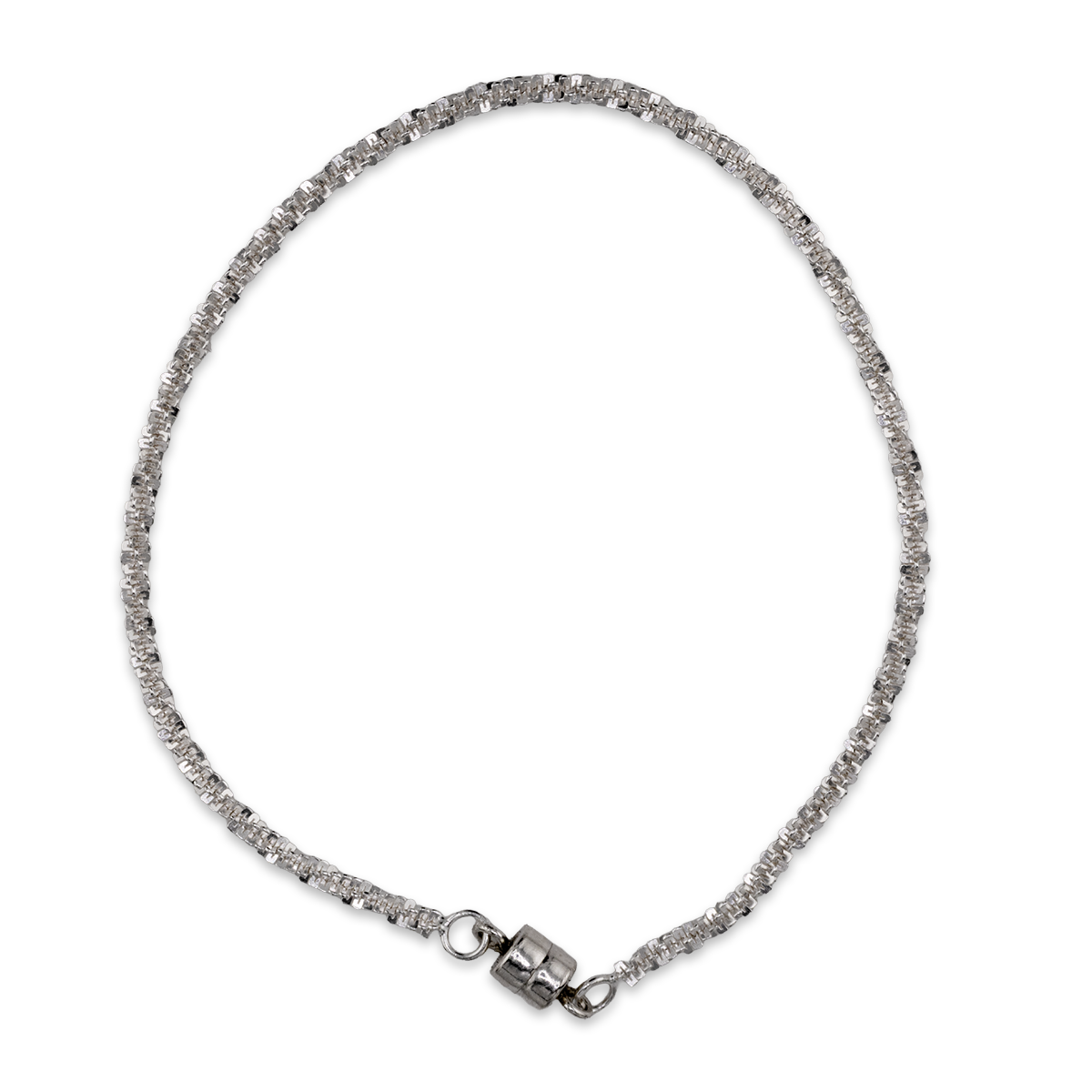 Silver beaded necklace with a clasp on a white background