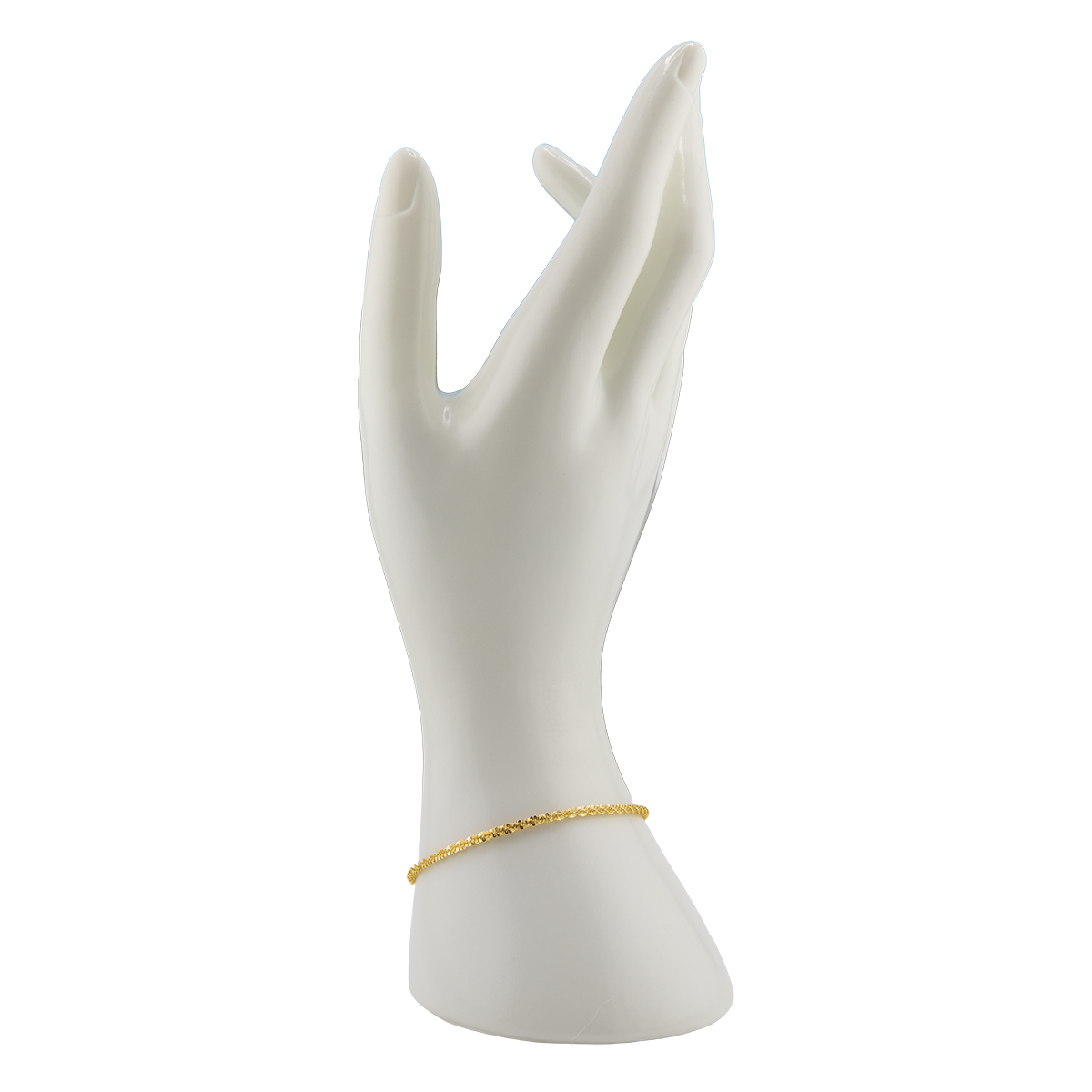 White ceramic hand with a gold bracelet on a white background