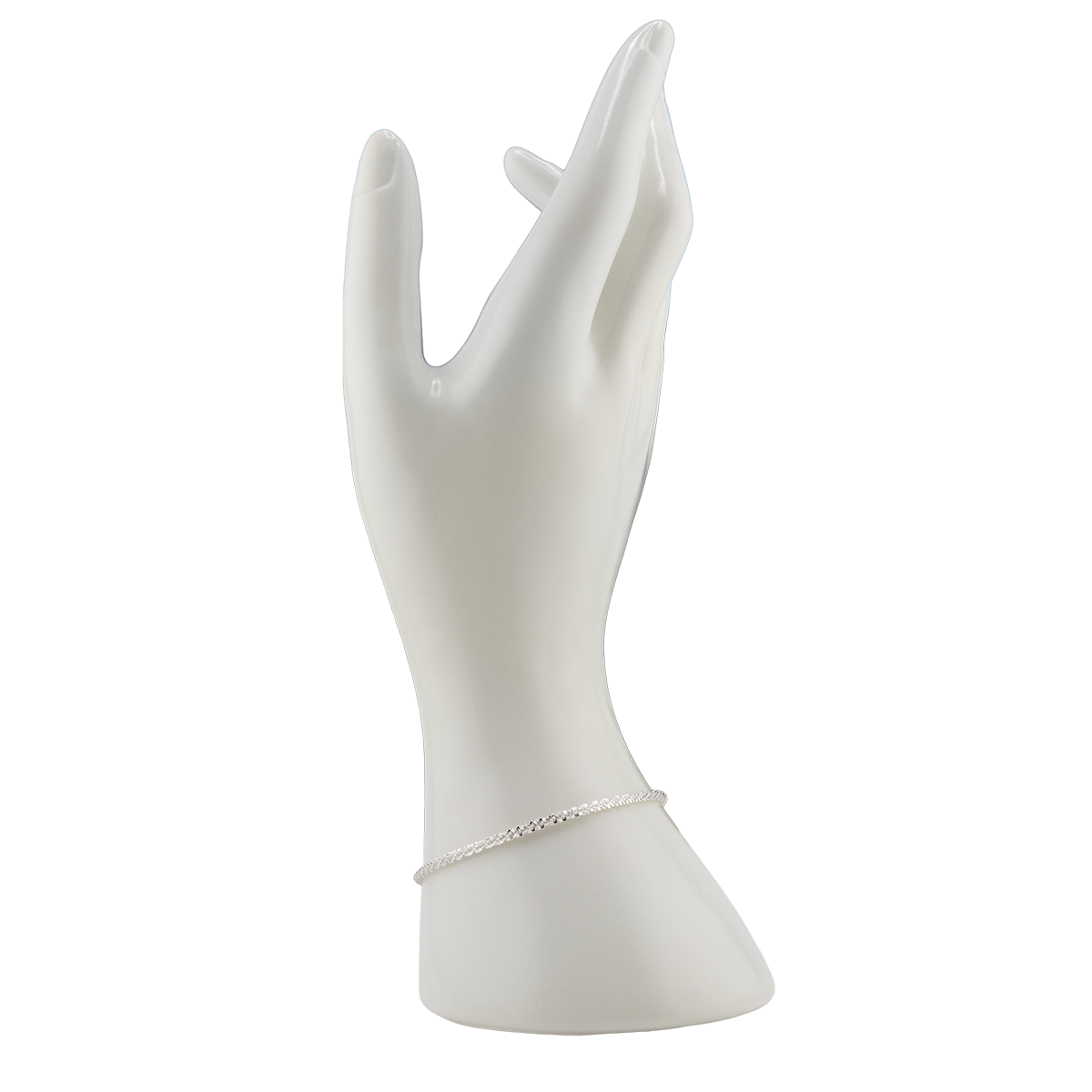 White ceramic hand-shaped jewelry display with a bracelet on a white background