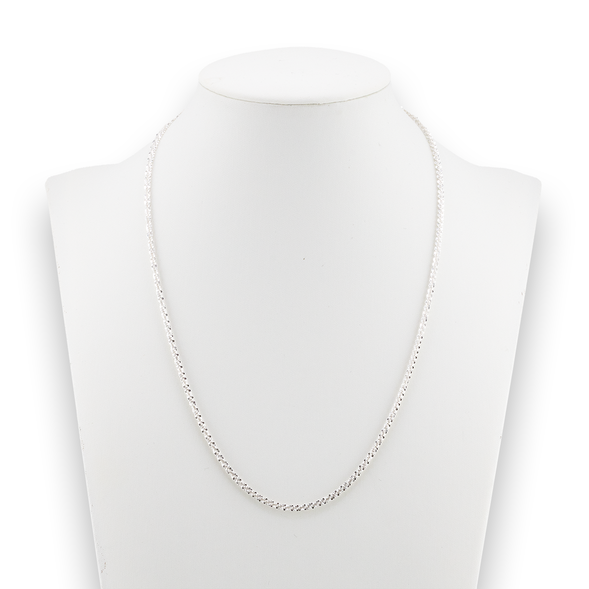 Silver chain necklace on a white mannequin with a white background