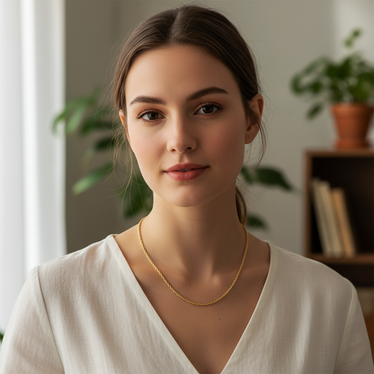 Woman wearing a gold necklace in a home setting with plants and books.