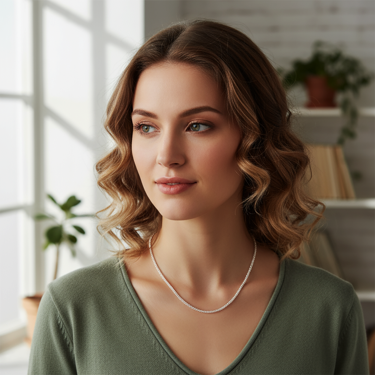 Woman wearing a silver necklace in a bright room with plants