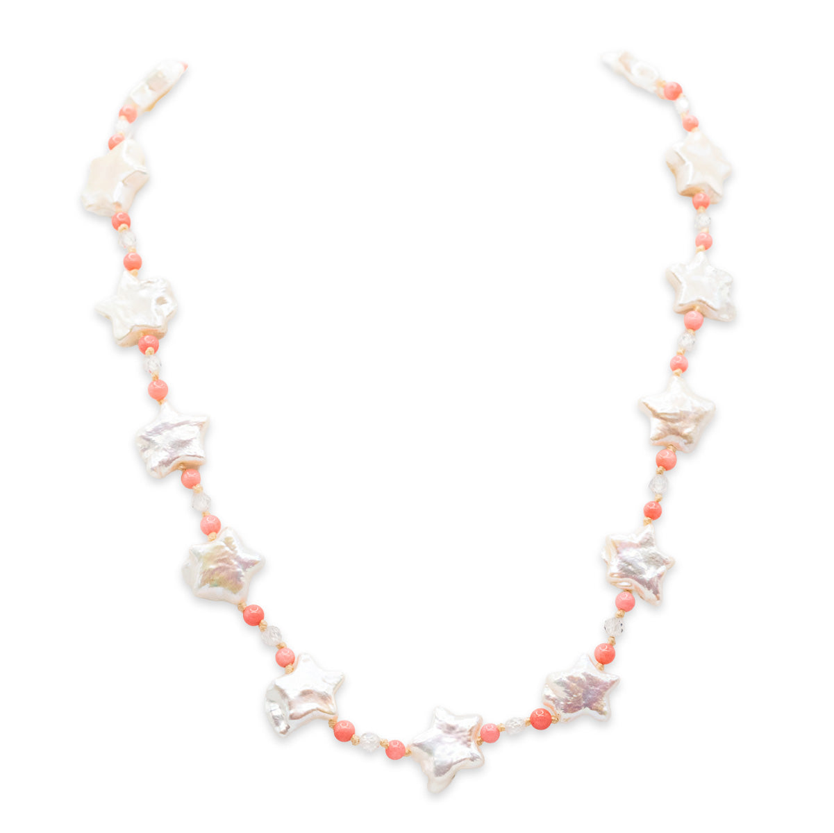 Necklace with shell and coral beads on a white background