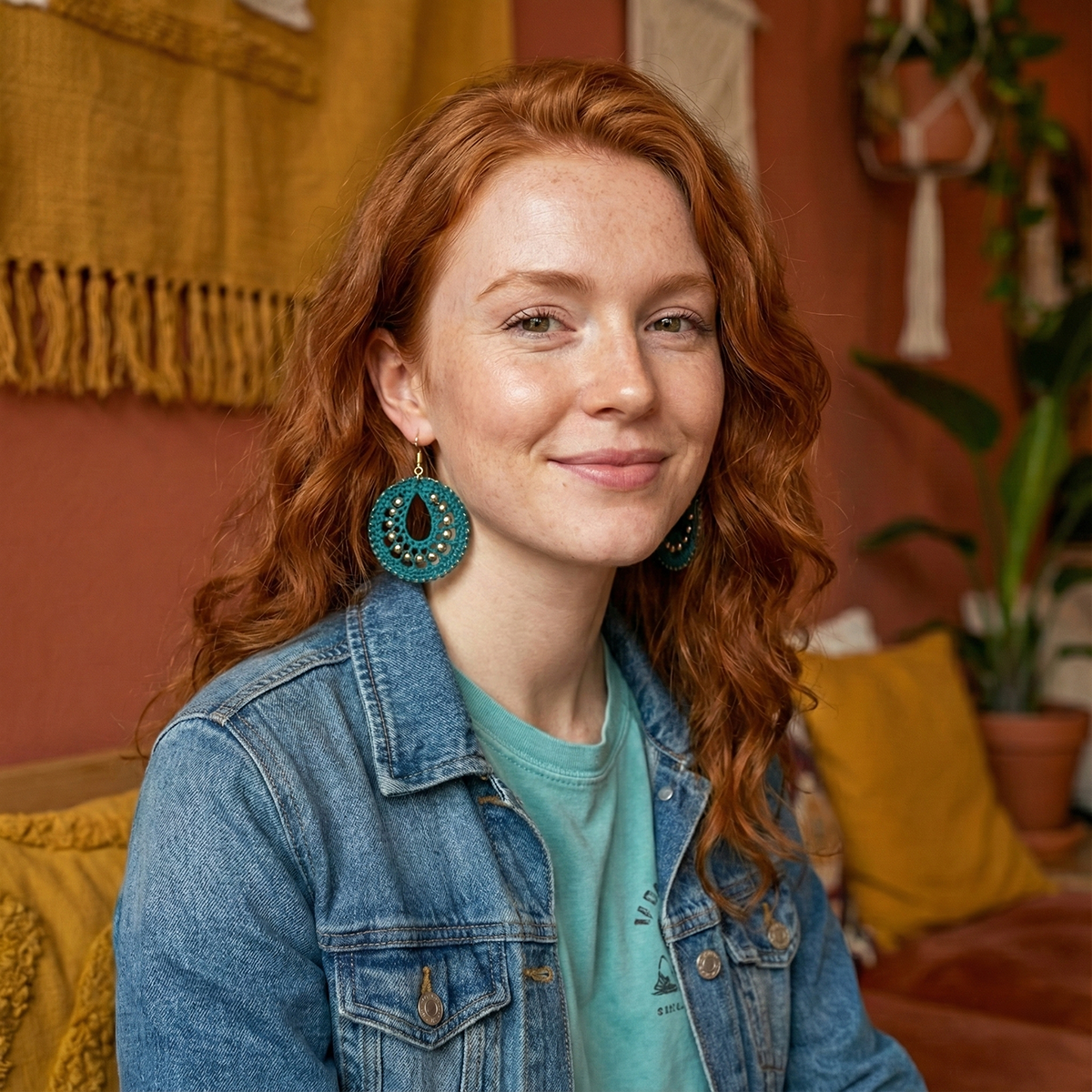 Woman with red hair wearing a denim jacket and teal earrings in a cozy room.