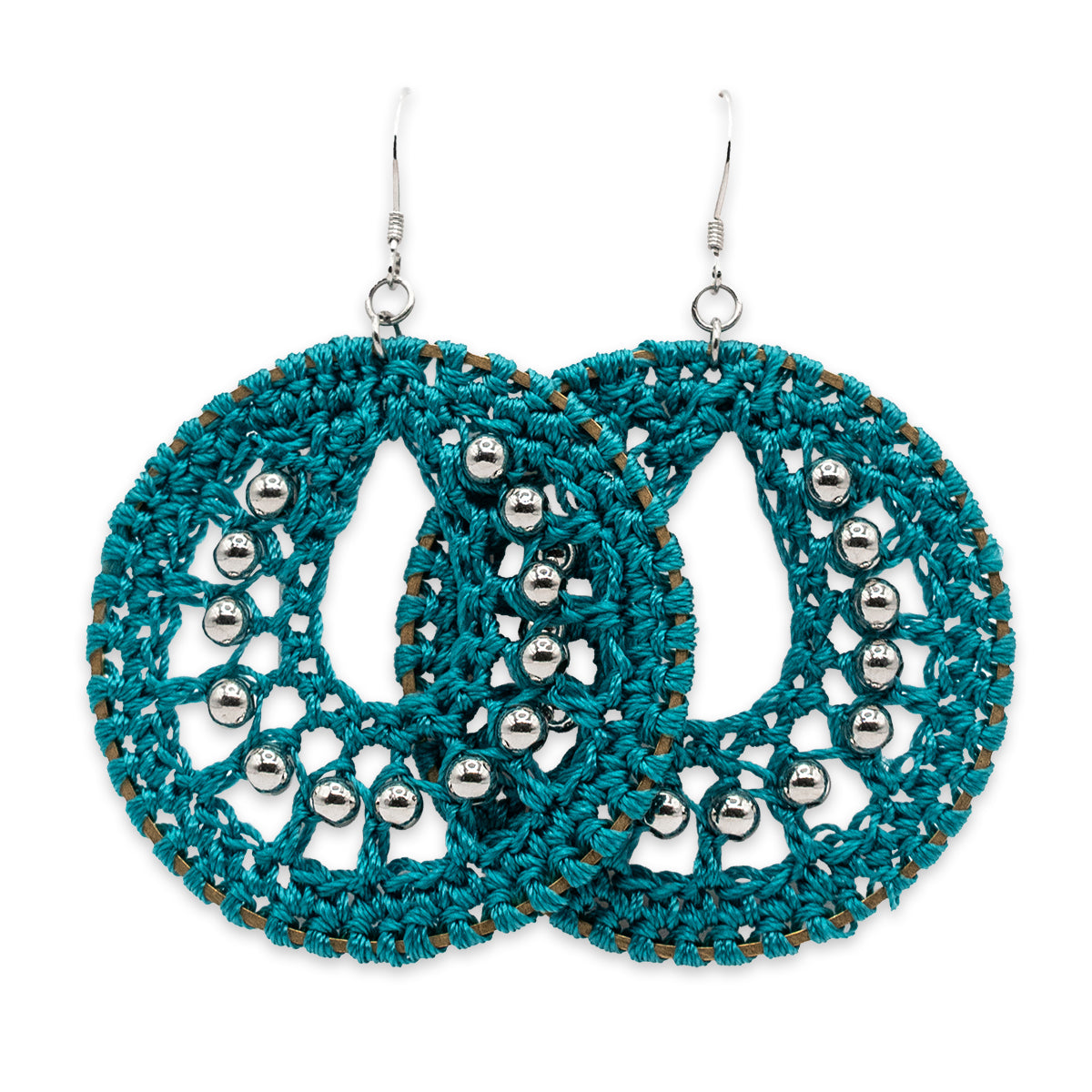 Turquoise crochet earrings with silver beads on a white background