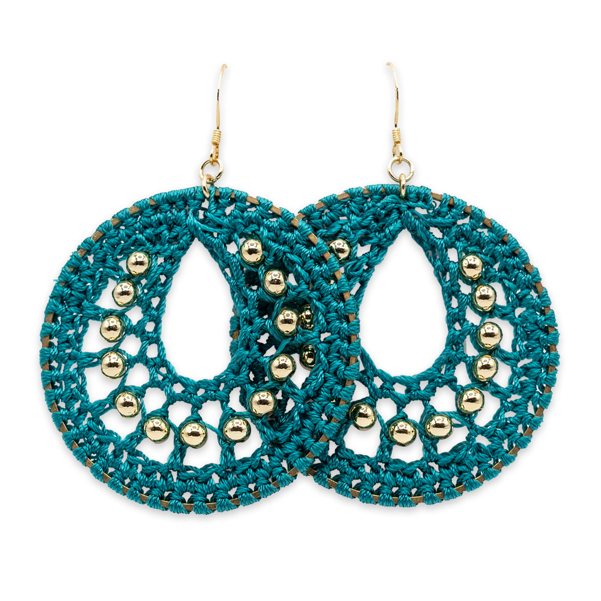 Teal crochet earrings with gold beads on a white background