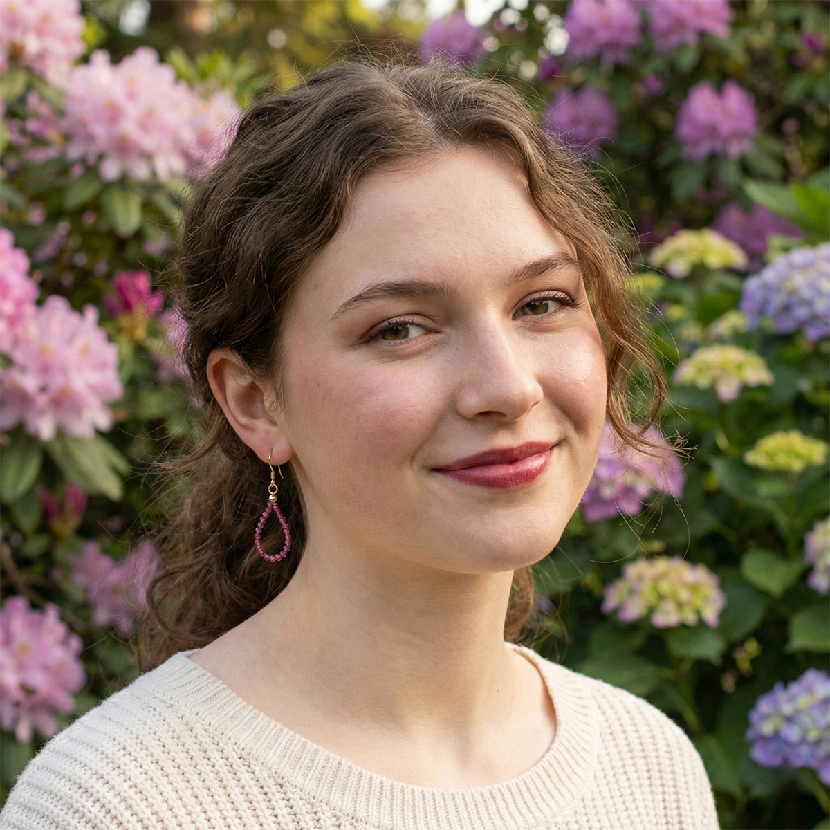 Woman standing in front of a floral background